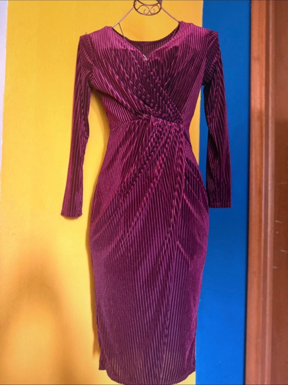 Plum Velvet Twist-Front Long Sleeve Dress